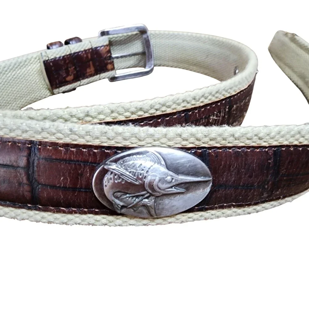 Belt Mens 44 Brown Cotton Leather Webbed Fish Buckle Marine Outdoor Adjustable